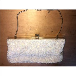 1950  Micro Hand Bead, Sequins&Pearls Clutch Bag. Made in Hong Kong snake chain